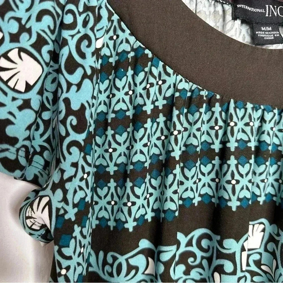 Inc International Concepts Short  Sleeved Blouse Ruffled Sleeves Brown/Blue Med - Picture 5 of 16